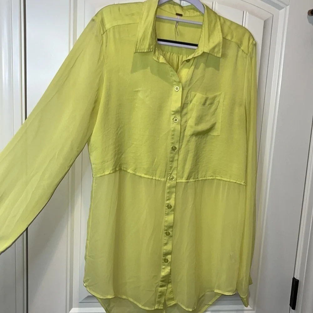 Free People tennis ball yellow semi sheer oversized lightweight Button Down M
